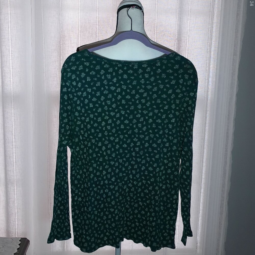 FALLS CREEK Long Sleeve Henley Teal w/Tiny Floral Print Cotton Ribbed Tee 2XL - Picture 3 of 9